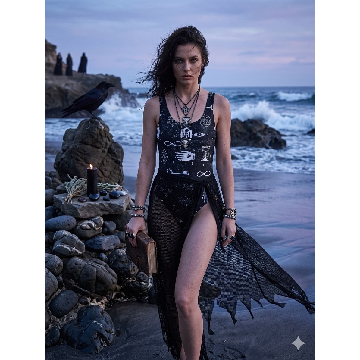 Black One Piece Swimsuit L Large Witchy Pagan Alchemy All Seeing Eye